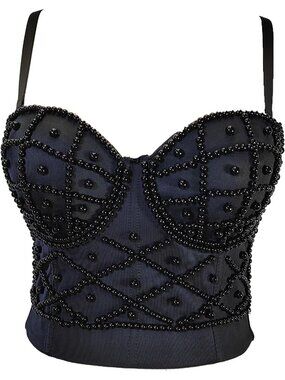 Women's Black 2 Lace Mesh Rhinestone Diamond Bra Push Up Bustier Corset Crop Top